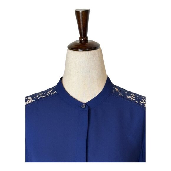 The Kooples Shirt Women Small Blue Lace Trim Crepe Crew Neck Button Down Blouse - Picture 4 of 13